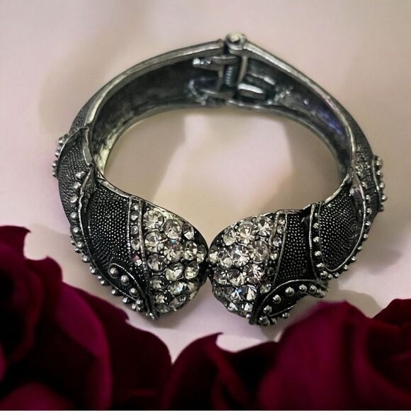 Vintage Rhinestones and Silvertone Statement Fashion Wide Cuff Bracelet - Picture 1 of 6